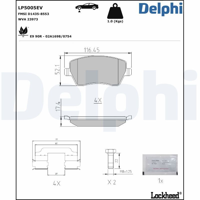 Zestaw klocków hamulcowych, hamulce tarczowe DELPHI LP5005EV