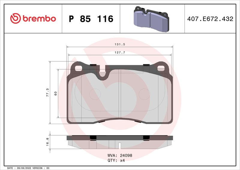 Zestaw klocków hamulcowych, hamulce tarczowe BREMBO P 85 116