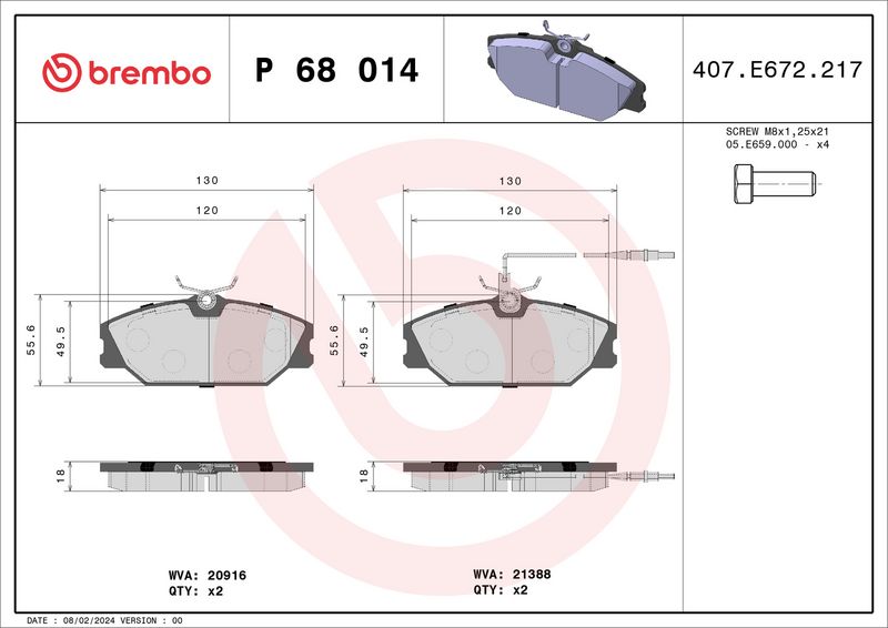 Zestaw klocków hamulcowych, hamulce tarczowe BREMBO P 68 014