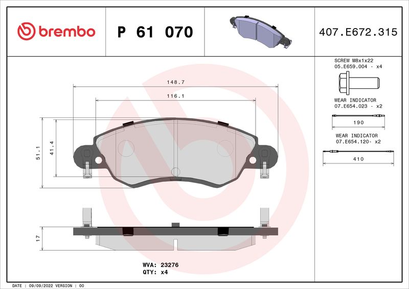 Zestaw klocków hamulcowych, hamulce tarczowe BREMBO P 61 070
