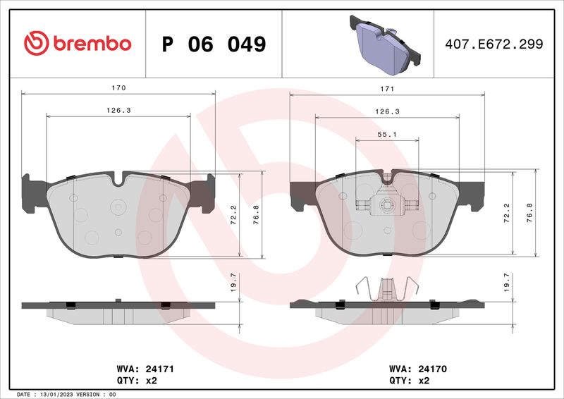 Zestaw klocków hamulcowych, hamulce tarczowe BREMBO P 06 049
