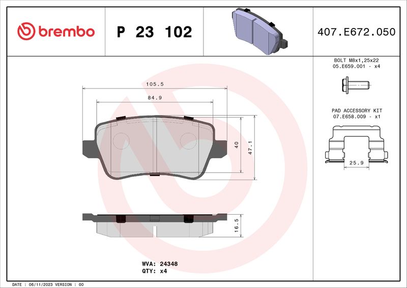 Zestaw klocków hamulcowych, hamulce tarczowe BREMBO P 23 102