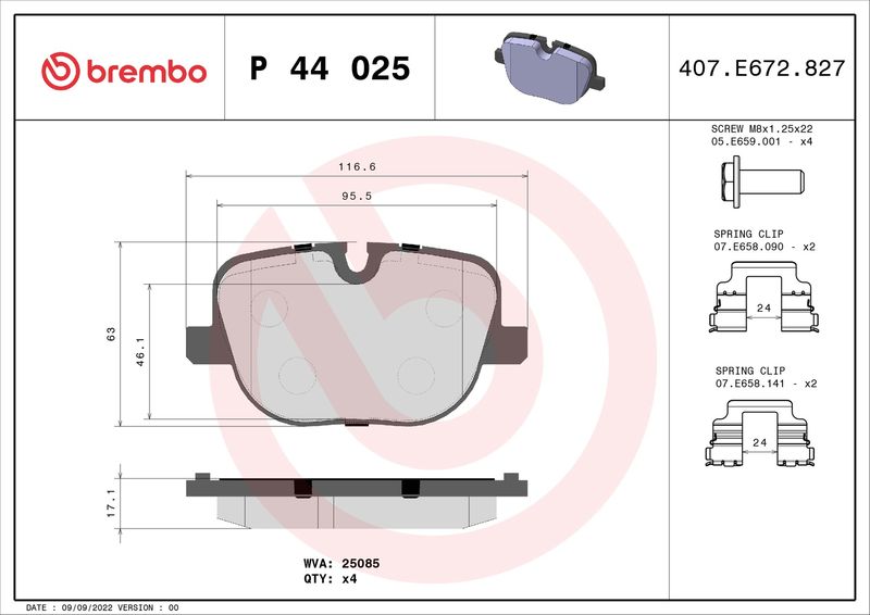 Zestaw klocków hamulcowych, hamulce tarczowe BREMBO P 44 025