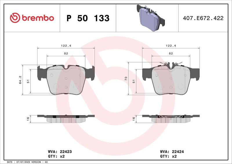 Zestaw klocków hamulcowych, hamulce tarczowe BREMBO P 50 133