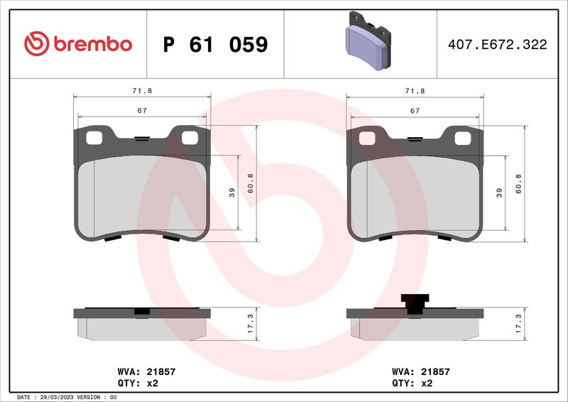 Zestaw klocków hamulcowych, hamulce tarczowe BREMBO P 61 059