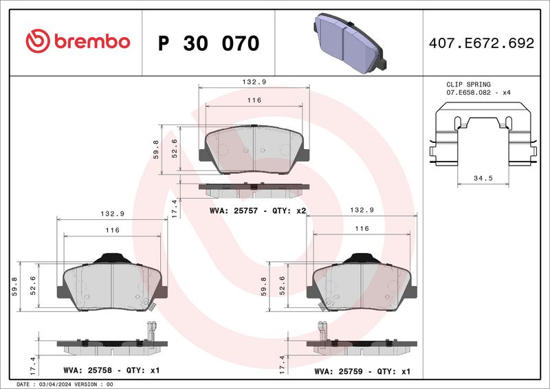 Zestaw klocków hamulcowych, hamulce tarczowe BREMBO P 30 070X
