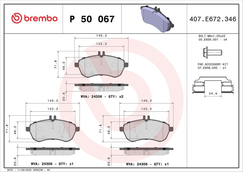 Zestaw klocków hamulcowych, hamulce tarczowe BREMBO P 50 067