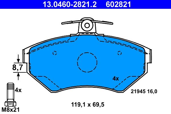 Zestaw klocków hamulcowych, hamulce tarczowe ATE 13.0460-2821.2