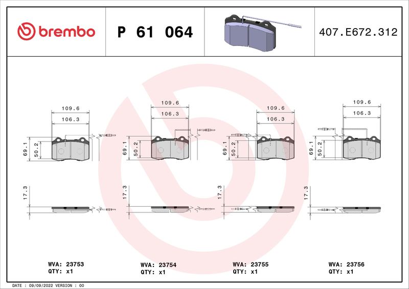 Zestaw klocków hamulcowych, hamulce tarczowe BREMBO P 61 064