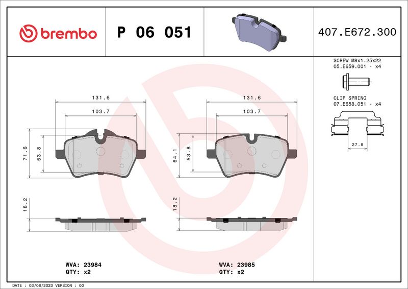 Zestaw klocków hamulcowych, hamulce tarczowe BREMBO P 06 051X