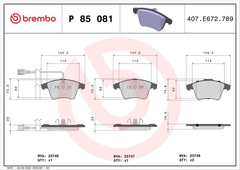 Zestaw klocków hamulcowych, hamulce tarczowe BREMBO P 85 081