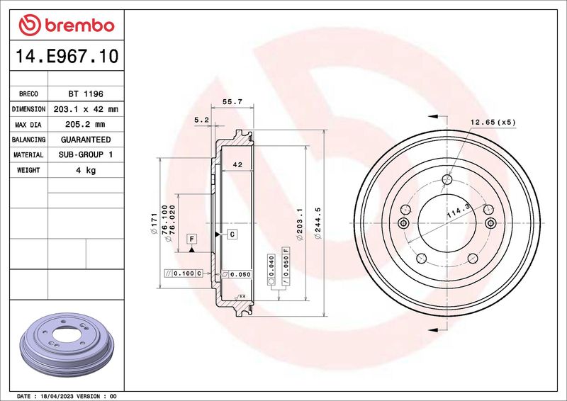 Bęben hamulcowy BREMBO 14.E967.10
