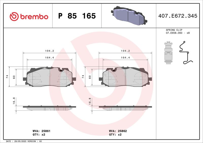 Zestaw klocków hamulcowych, hamulce tarczowe BREMBO P 85 165