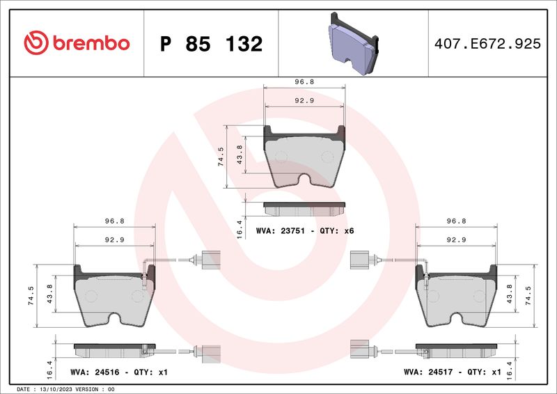 Zestaw klocków hamulcowych, hamulce tarczowe BREMBO P 85 132