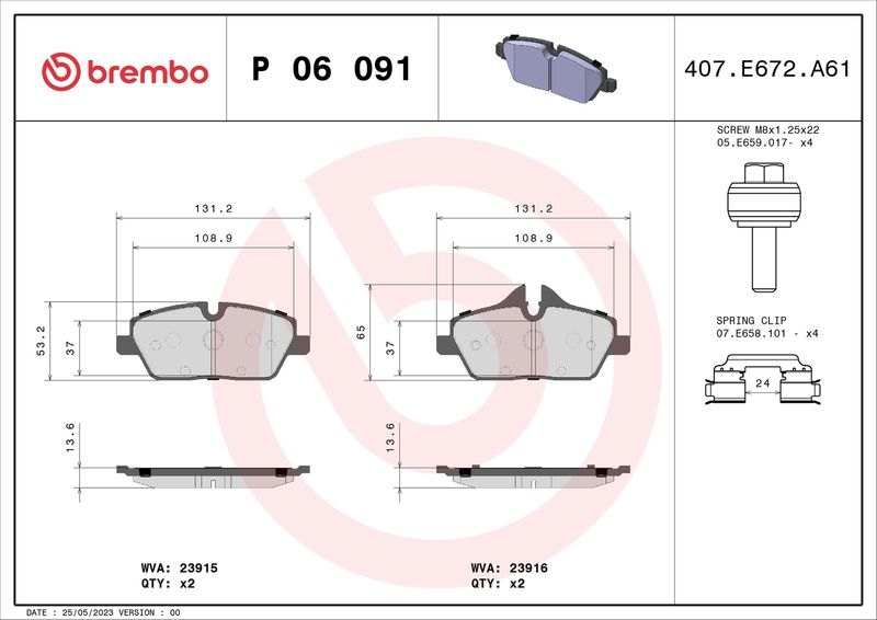 Zestaw klocków hamulcowych, hamulce tarczowe BREMBO P 06 091