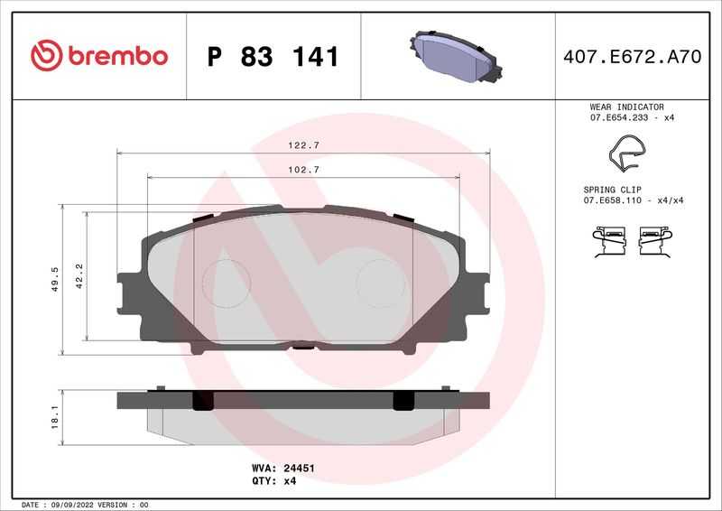 Zestaw klocków hamulcowych, hamulce tarczowe BREMBO P 83 141