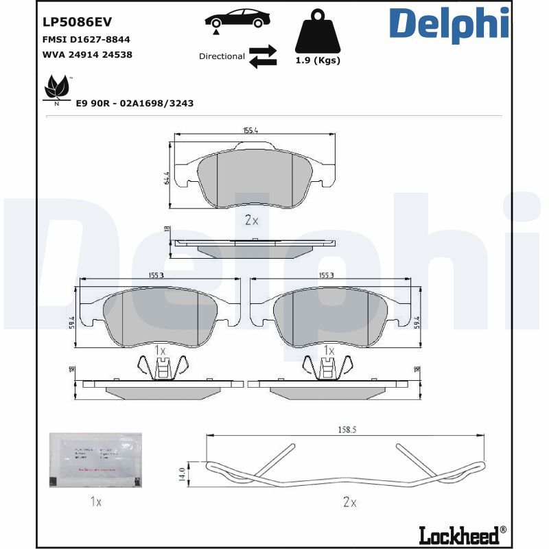 Zestaw klocków hamulcowych, hamulce tarczowe DELPHI LP5086EV