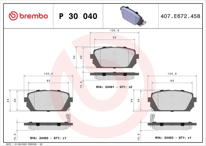 Zestaw klocków hamulcowych, hamulce tarczowe BREMBO P 30 040