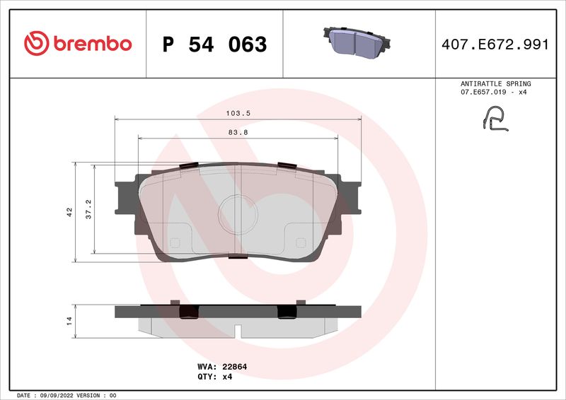 Zestaw klocków hamulcowych, hamulce tarczowe BREMBO P 54 063