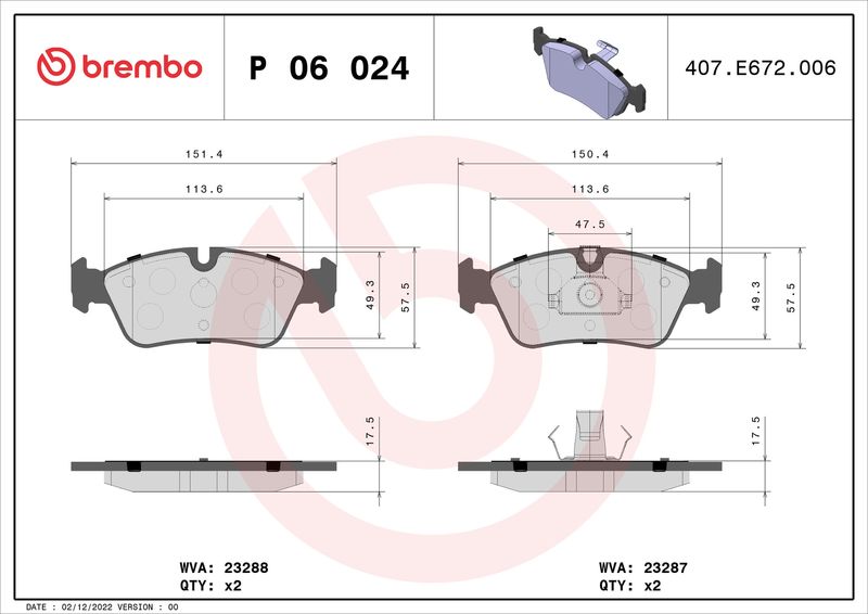 Zestaw klocków hamulcowych, hamulce tarczowe BREMBO P 06 024