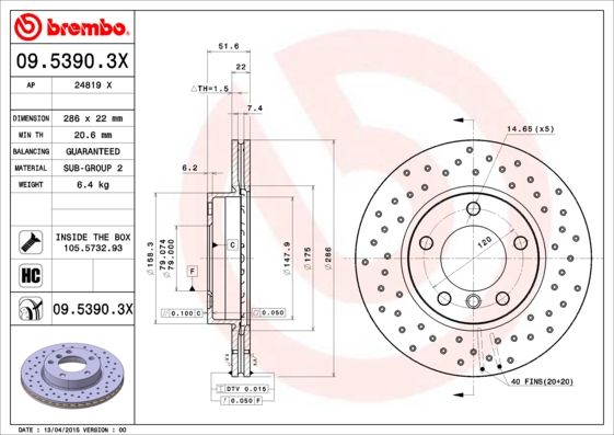 Tarcza hamulcowa BREMBO 09.5390.3X