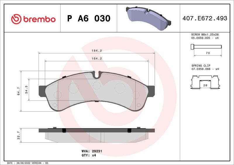 Zestaw klocków hamulcowych, hamulce tarczowe BREMBO P A6 030