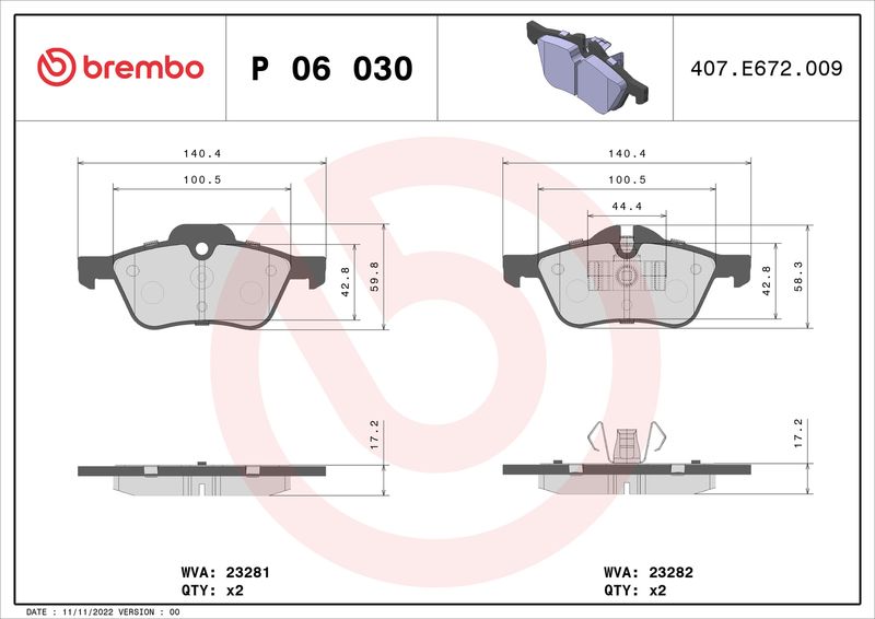 Zestaw klocków hamulcowych, hamulce tarczowe BREMBO P 06 030