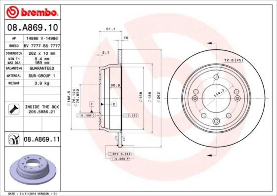 Tarcza hamulcowa BREMBO 08.A869.10
