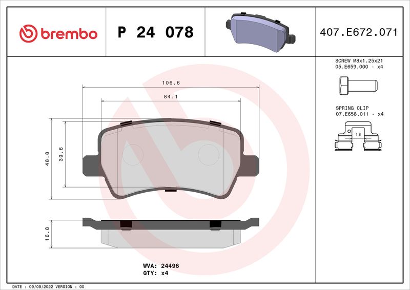 Zestaw klocków hamulcowych, hamulce tarczowe BREMBO P 24 078