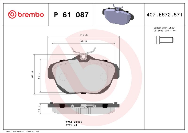 Zestaw klocków hamulcowych, hamulce tarczowe BREMBO P 61 087
