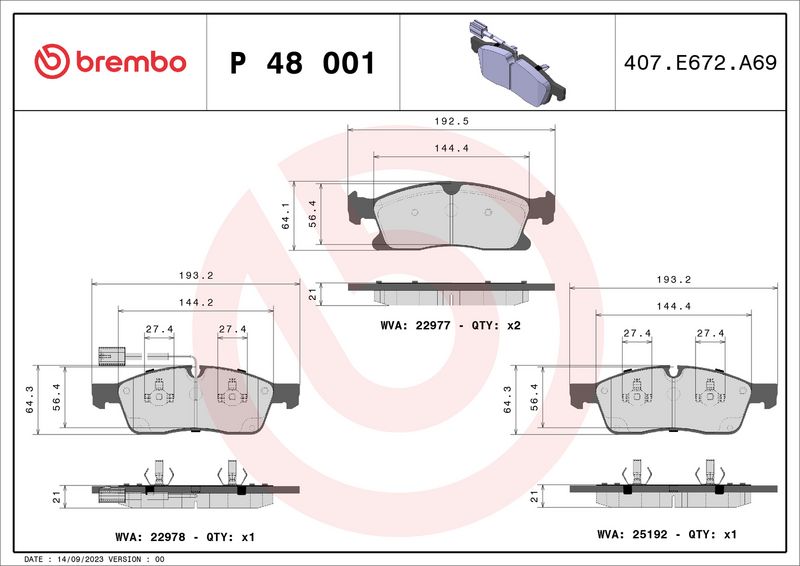 Zestaw klocków hamulcowych, hamulce tarczowe BREMBO P 48 001