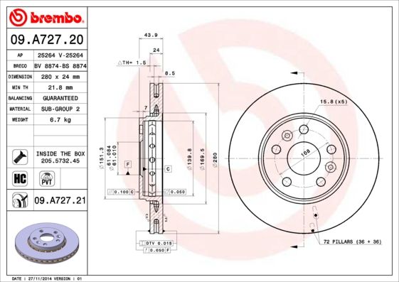 Tarcza hamulcowa BREMBO 09.A727.21