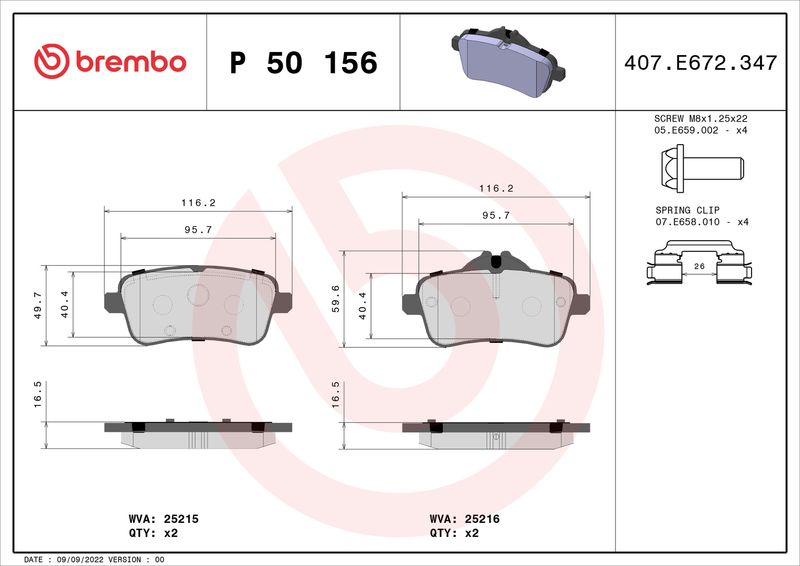 Zestaw klocków hamulcowych, hamulce tarczowe BREMBO P 50 156