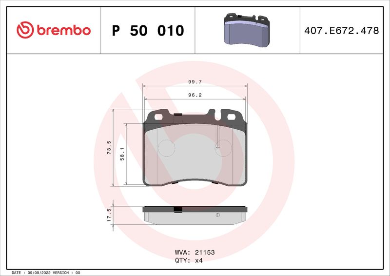 Zestaw klocków hamulcowych, hamulce tarczowe BREMBO P 50 010