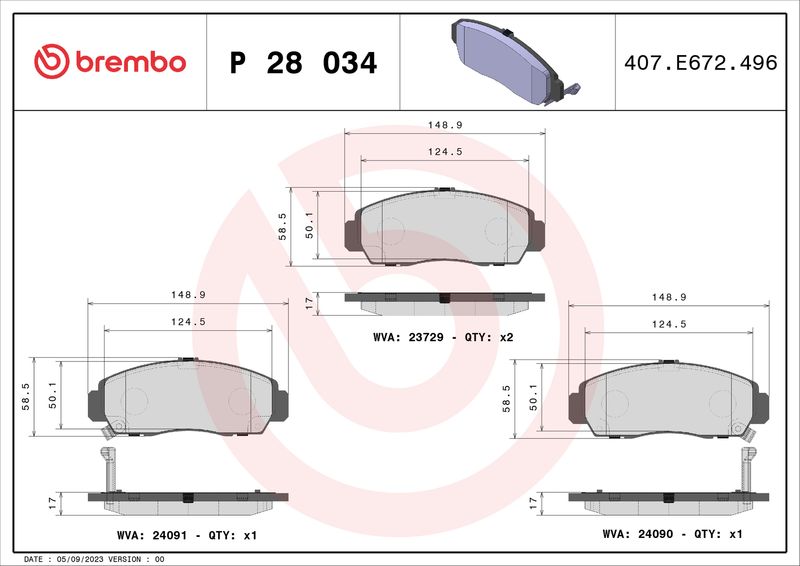 Zestaw klocków hamulcowych, hamulce tarczowe BREMBO P 28 034X