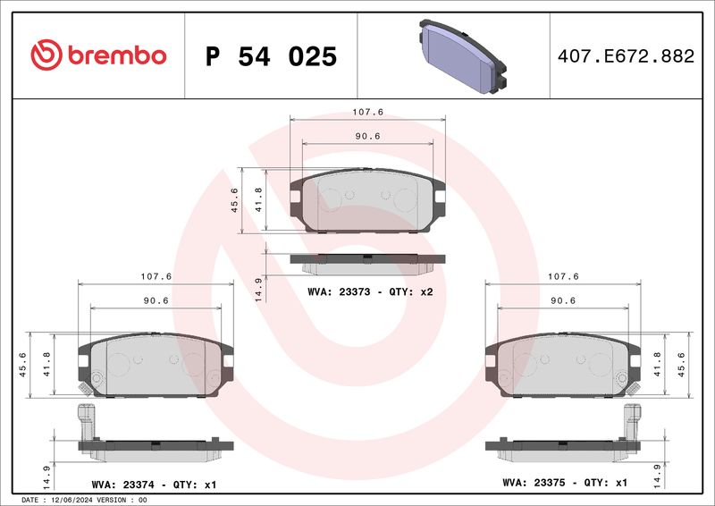 Zestaw klocków hamulcowych, hamulce tarczowe BREMBO P 54 025