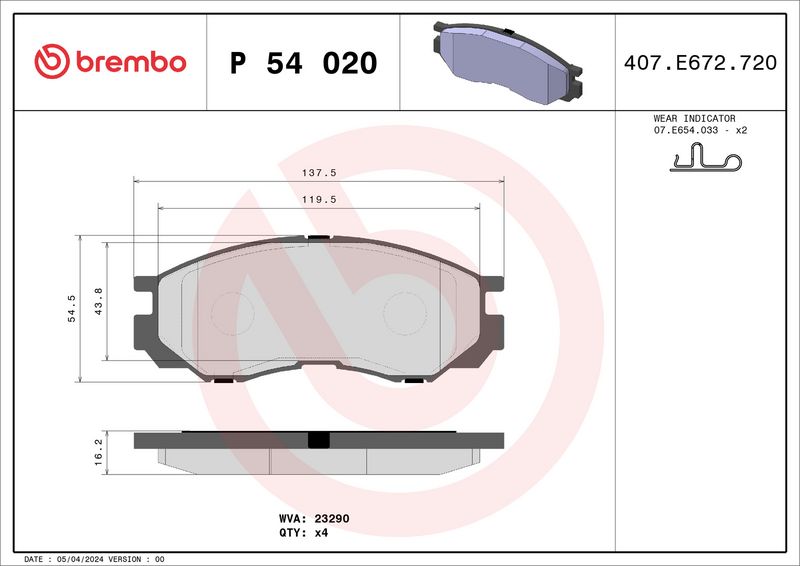 Zestaw klocków hamulcowych, hamulce tarczowe BREMBO P 54 020