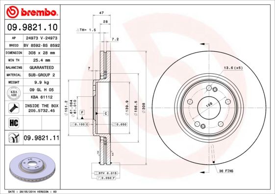 Tarcza hamulcowa BREMBO 09.9821.11