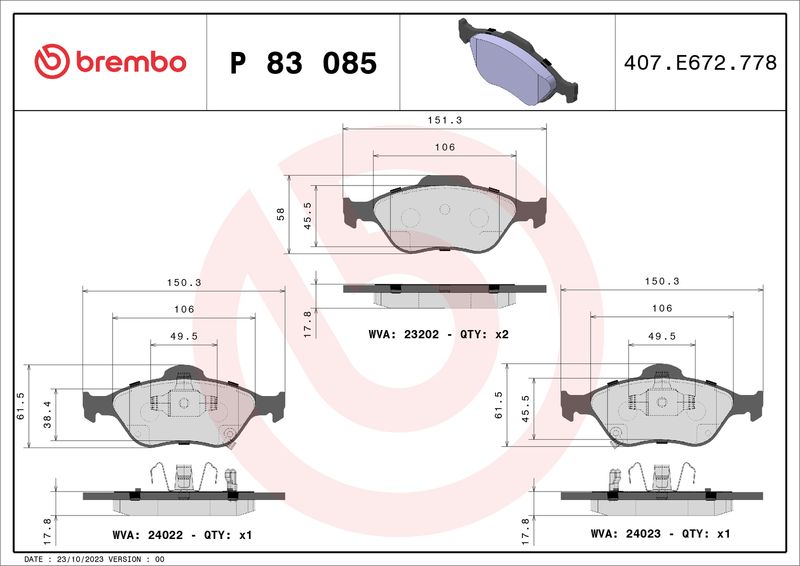 Zestaw klocków hamulcowych, hamulce tarczowe BREMBO P 83 085