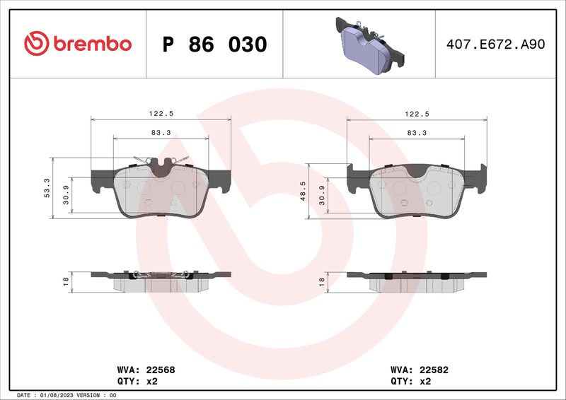 Zestaw klocków hamulcowych, hamulce tarczowe BREMBO P 86 030