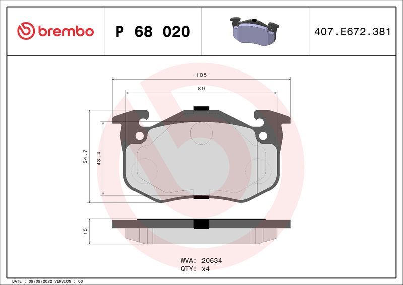 Zestaw klocków hamulcowych, hamulce tarczowe BREMBO P 68 020