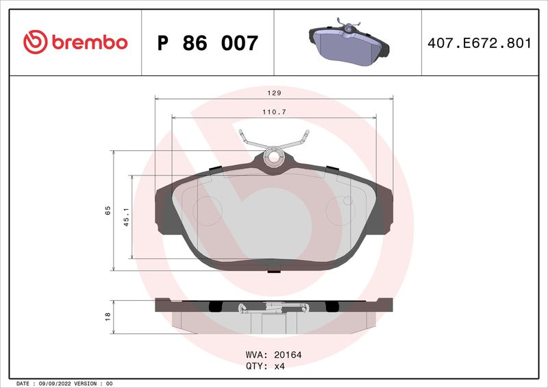 Zestaw klocków hamulcowych, hamulce tarczowe BREMBO P 86 007