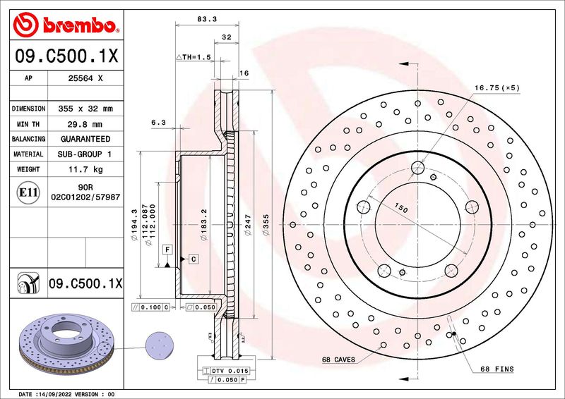 Tarcza hamulcowa BREMBO 09.C500.1X
