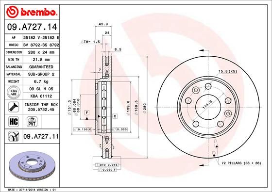 Tarcza hamulcowa BREMBO 09.A727.11
