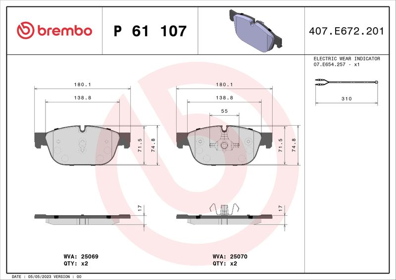 Zestaw klocków hamulcowych, hamulce tarczowe BREMBO P 61 107