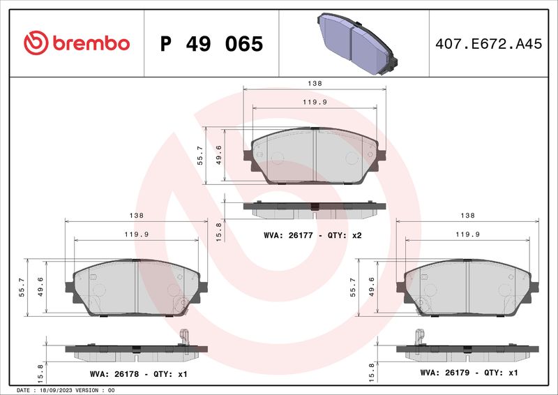 Zestaw klocków hamulcowych, hamulce tarczowe BREMBO P 49 065