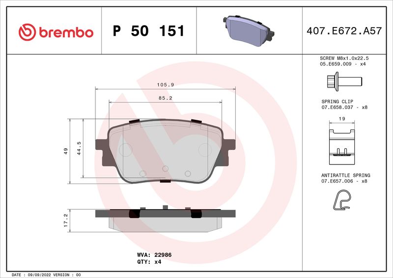 Zestaw klocków hamulcowych, hamulce tarczowe BREMBO P 50 151
