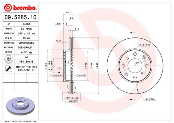 Tarcza hamulcowa BREMBO 09.5285.11