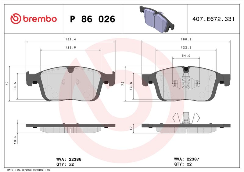 Zestaw klocków hamulcowych, hamulce tarczowe BREMBO P 86 026