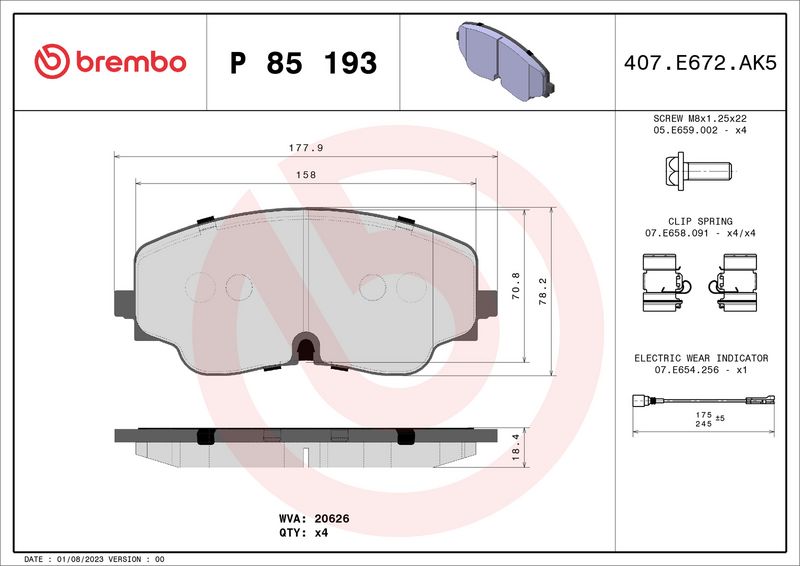 Zestaw klocków hamulcowych, hamulce tarczowe BREMBO P 85 193